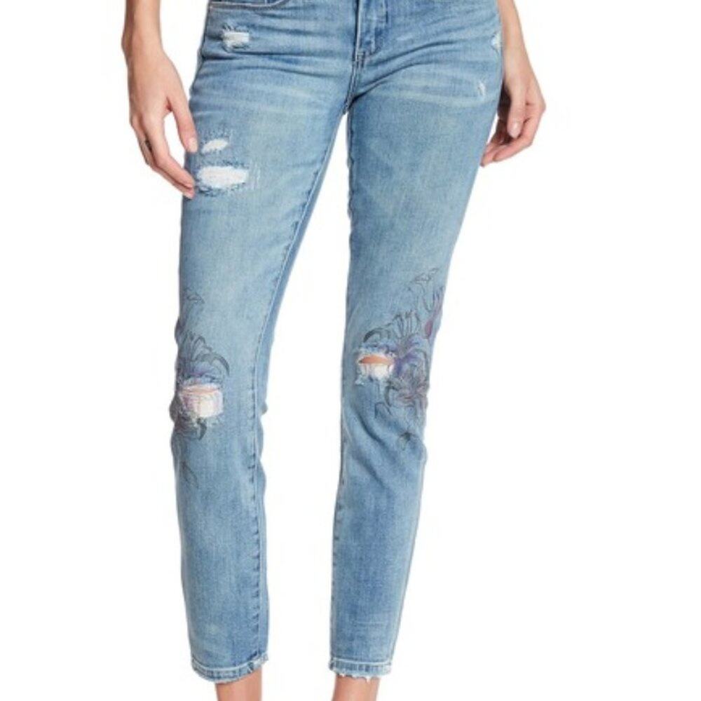 BLANK NYC Distressed Denim Digital Floral Skinny Jeans NWT size 25